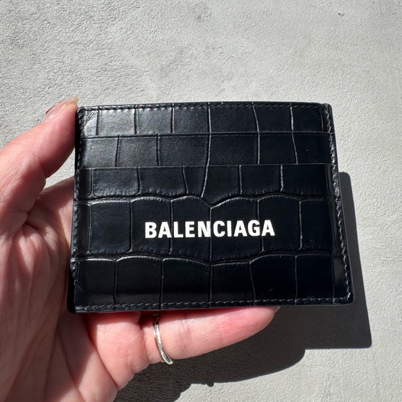 Balenciaga Logo Croc Embossed Leather Card Case Black